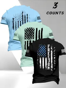 Men's Round Neck Lightweight Short Sleeve T-Shirt, American Flag Print, Regular Fit, Comfortable Daily Wear, Fashion Top 3 Pack Menswear