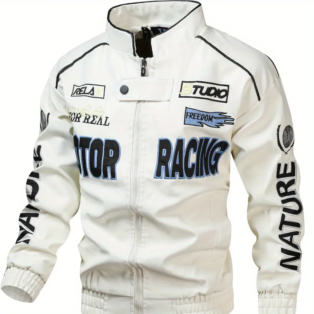Men's Stylish PU Leather Motorcycle Racing Pattern Jacket - Relaxed Flexible Fit Menswear Top, Long Sleeve Casual Coat, Breathable Stand-Up Collar, Zipped Sleeves, Side Pockets, Ideal for Spring, Autumn