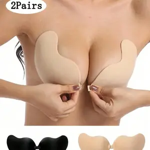 Women's 2-Pair Underwire Push Up Sticky Bra, Invisible Silicone Strapless Backless Seamless Plain Style, Comfortable Breathable, for Lady's Party & Casual Wear,summervibes Minimalist Festival Basic