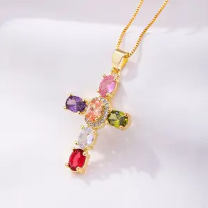 Trendy Cross Pendant Cross Necklace Copper Micro Pave Zircon Chic Influencer Bling Personalized Set Zircon Shining BlingInternet celebrity Style Collarbone Chain Trendy Jewelry