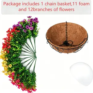 Artificial Hanging Flower Basket, UV Resistant No Fade Fake Flowers with Coconut Liner, 12 Branches Colorful Silk Flowers for Outdoor Garden Balcony Porch & Indoor Home Decor