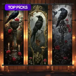 Wall Hanging Banner, 3 Counts/set Scary Crow Pattern Wall Decorative Scroll Painting, Creative Festive Decorations, Wall Hanging Backdrop