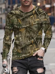 Men's Camo Long Sleeve Outdoor Hunting Shirt, Quick-Dry Breathable Graphic Top, Fashion Trendy Hunting, Casual Fitted H-Type, Athletic T Shirt