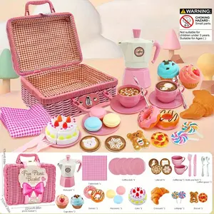 Little Girl Pretend Play Picnic Basket Set, Pretend Cooking Set, Tea Party Kit with Play Kitchen Accessories, Coffee Maker, Cookies, Cake, Game Food, Perfect Holiday Birthday Gift