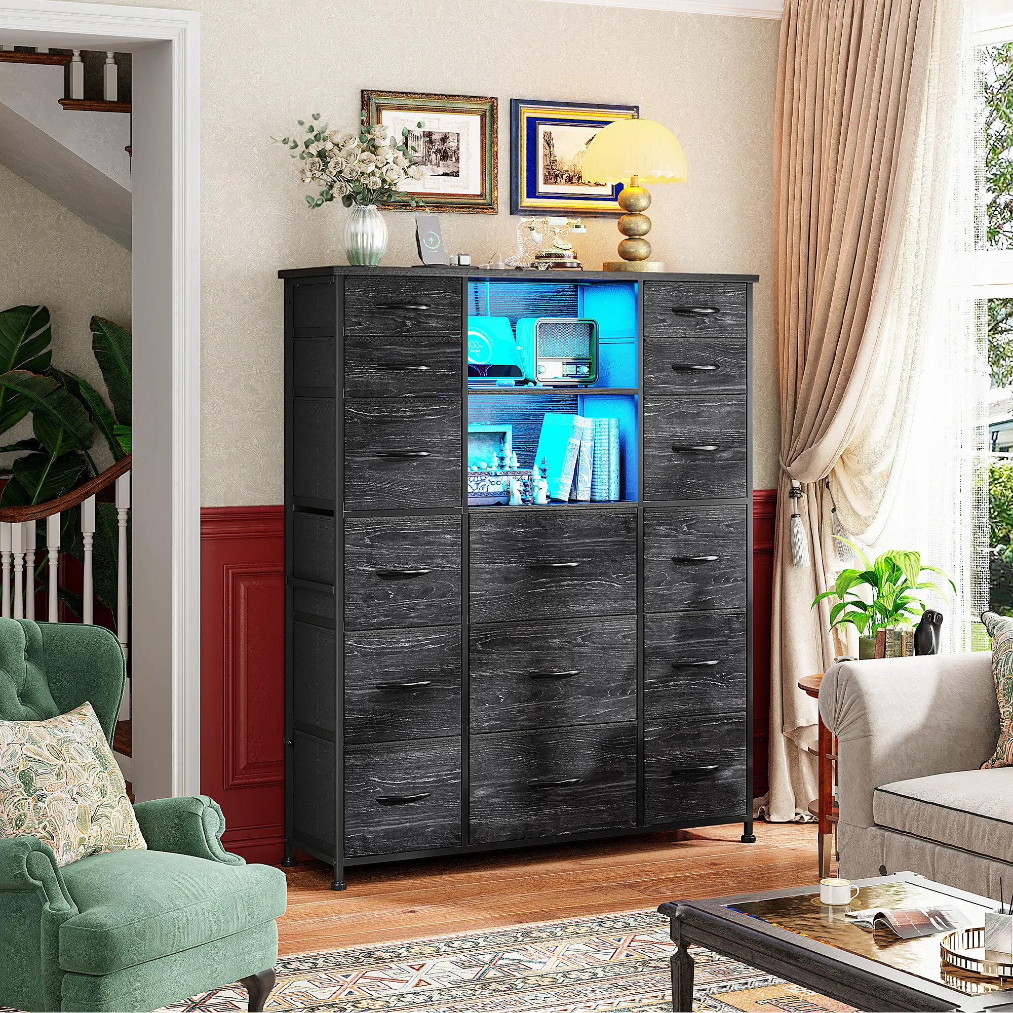 Raybee Furniture 51" H Dresser with 15 Drawers Dresser for Bedroom, with Charging Station & LED Lights & Hutch Sturdy, Steel Frame, Wood Top