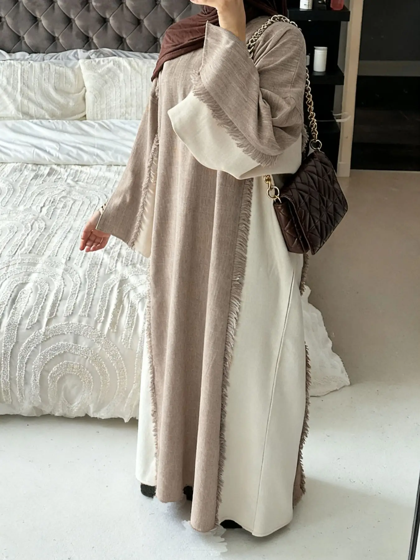 Women's Fringe Trim Dresses, Modest Casual Long Sleeve Dress for Daily Wear, Women's Islamic Clothing for All Seasons