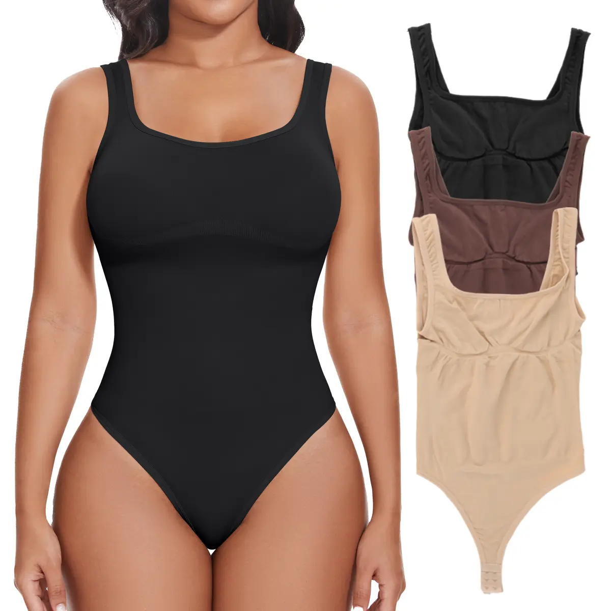 Women's Shapewear Tummy Control Bodysuit, Lightweight Square Neck Tank Top with Thong Cut for Work & Wedding, Basic, Casual Wear, Bodysuit For Women, 2Xl, Elastane, High Stretch