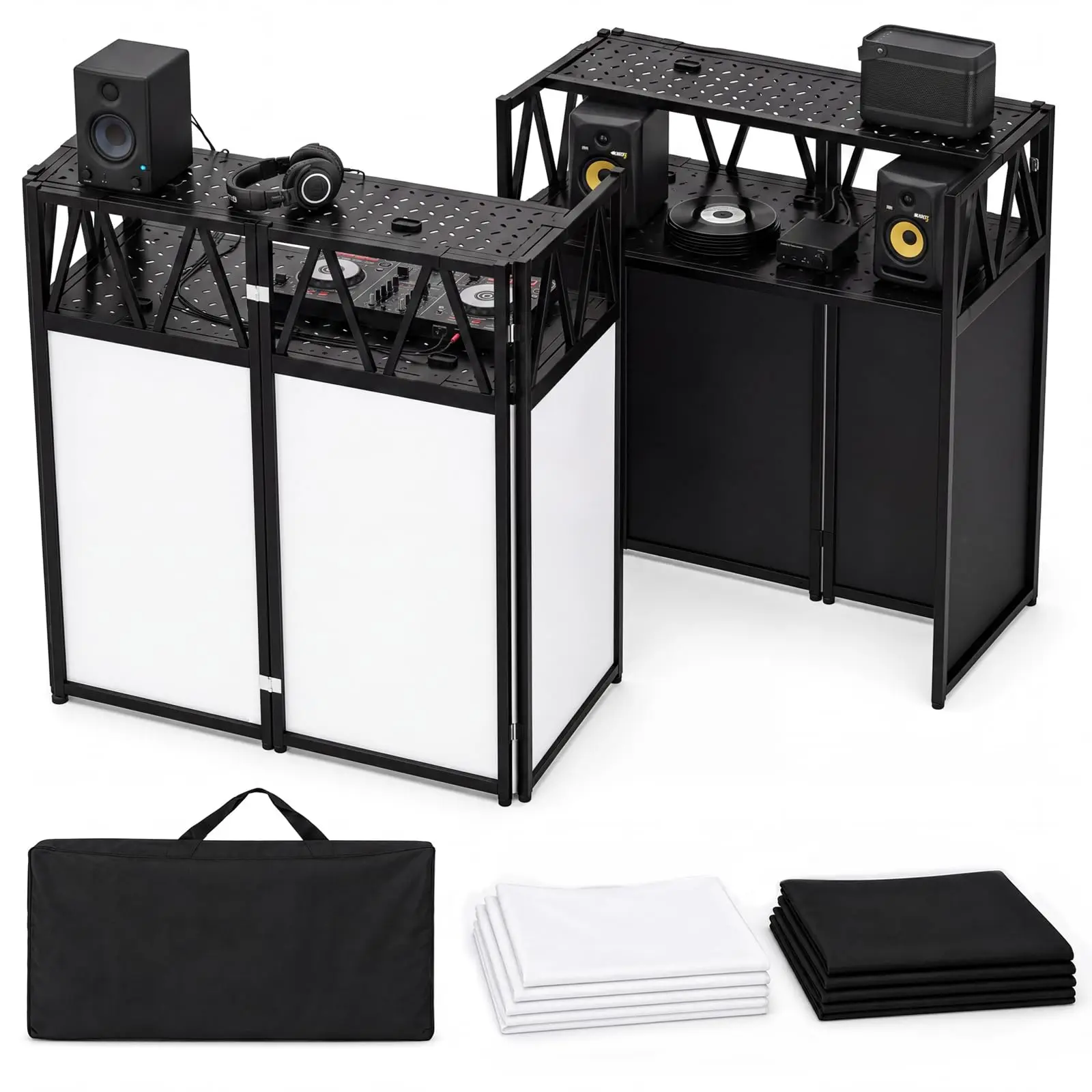 Carbon Steel Mobile DJ Booth Table (42x21x46in) - Foldable Portable Stand for Mobile DJs, with Black & White Cloth Panels, Carry Bag, Wide Setup Space, Heavy-Duty Tool Rack, Ideal for Stages, Events