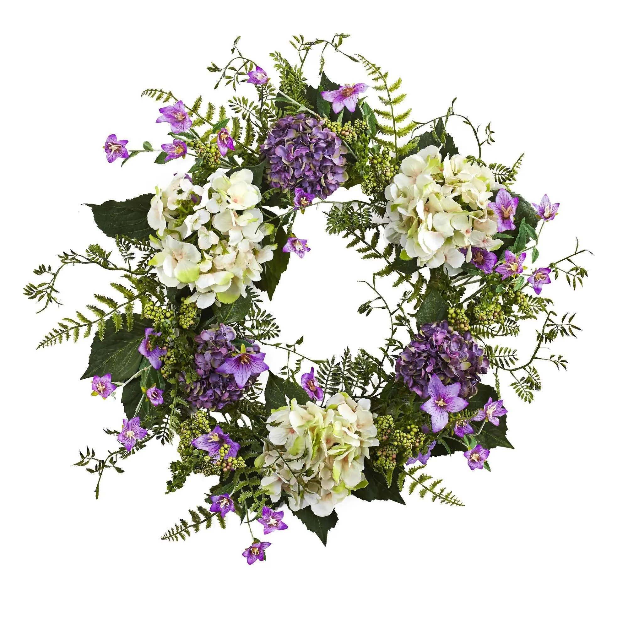 24 in Decorative Artificial Hydrangea & Berry Wreath - Lively Greens, Purple Accents, Never Fades, All Seasons Home Decor, Door Decor, Floral Supplies