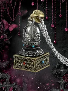 Vintage Antique Amulet Feng Shui Jambhala Staff Stamp Pendant Necklace, Bold Punk Solid 3D Hanging Charm, Unique Fashion Jewelry Gift