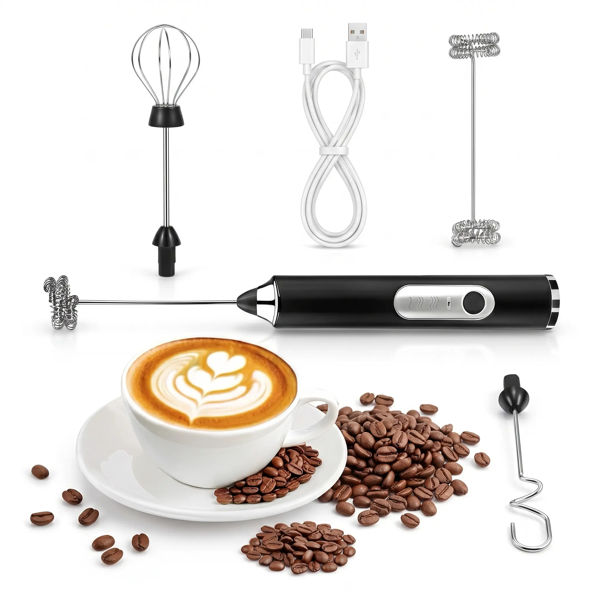 Handheld Milk Frother Wand for Coffee, Rechargeable Electric Whisk with 3 Heads 3 Speeds Drink Mixer Coffee Frother For Latte, Cappuccino, Hot Chocolate, Egg, Black