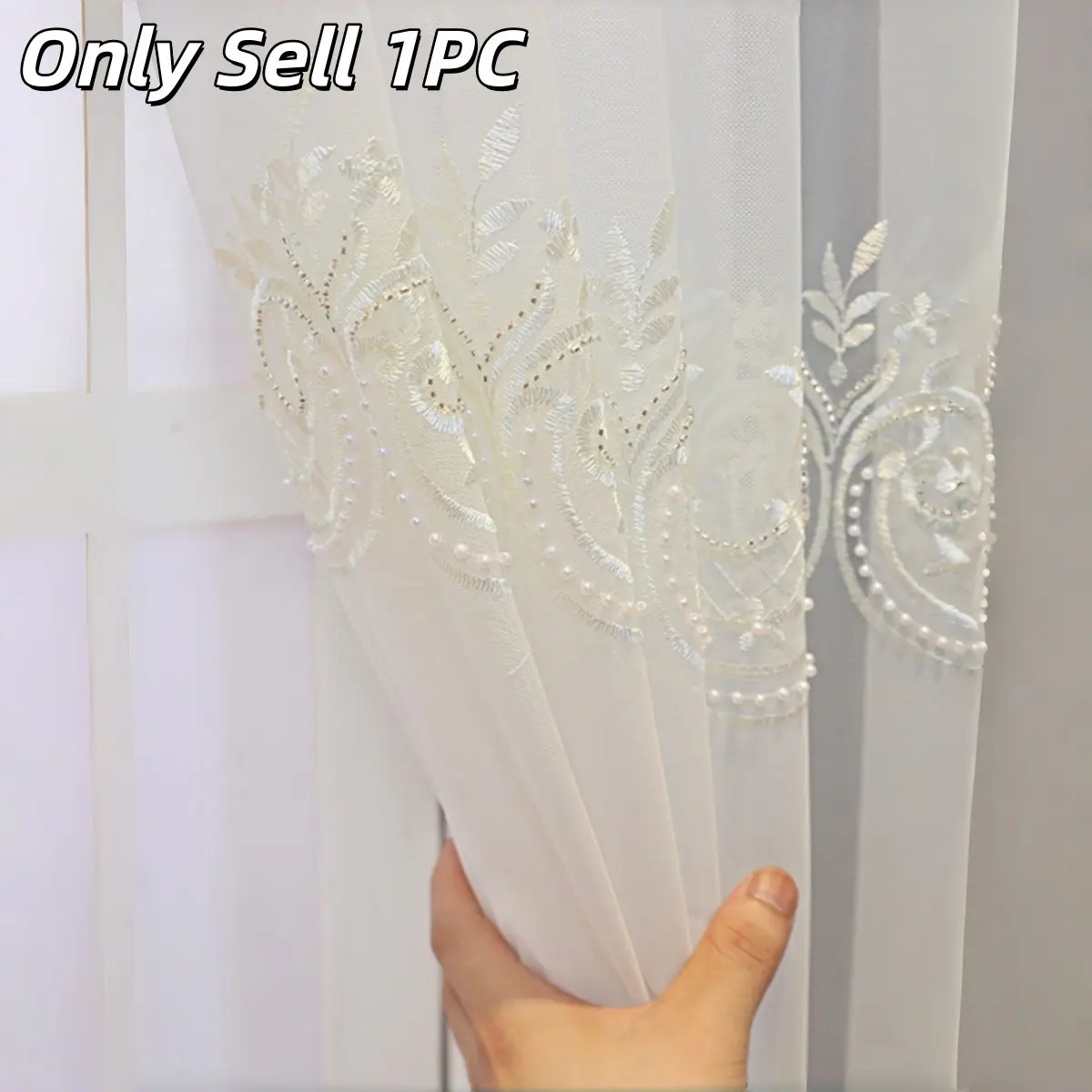 1pc Modern Embroidered Home Decorative Curtain, Luxury Pearl Beaded Sheer Drapery, Bead Curtains, Sunscreen Window Shade for Living Room Bedroom Balcony