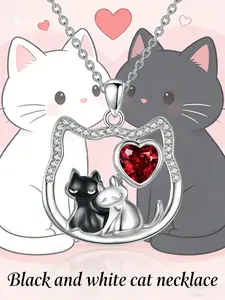 Women's Cute Cat Necklace, Fashion Silver Color Hollow Out Rhinestone Heart Pendant, Ideal Gift for Cats Lovers, Daily Wear Jewelry