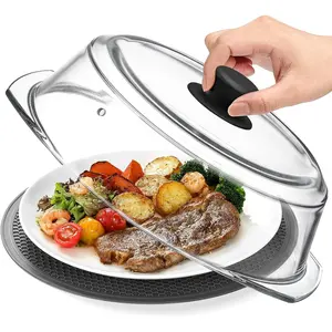2-in-1 High-Legged Glass Microwave Oven Splash-Proof Cover Suitable for Food and Microwave Oven Placemat, Plate Splash-Proof Cover with Silicone Handle Knob, Cookware and Baking Utensils Serving Plate Cover, Food-Grade Material, Plastic-Free, 10inch
