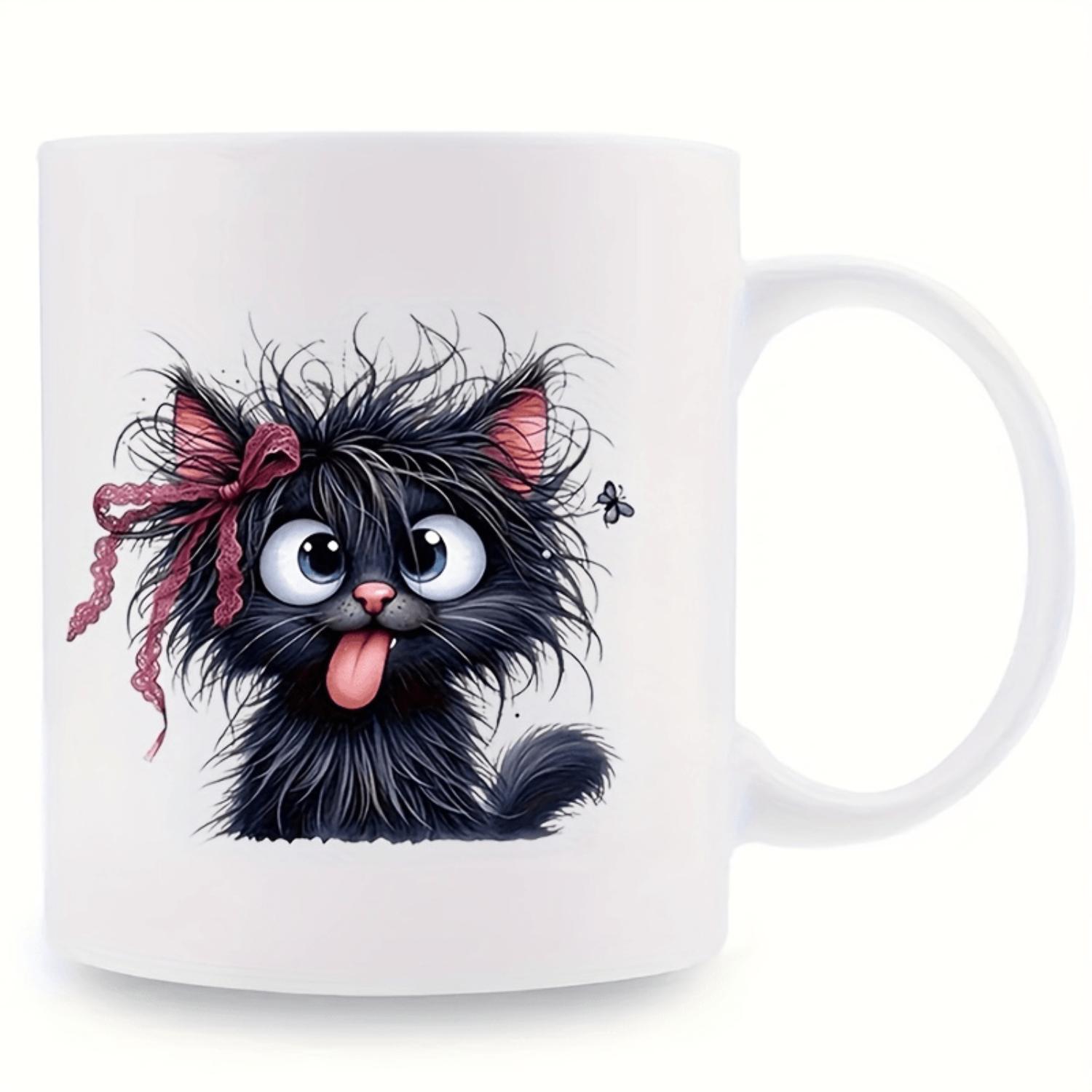 11oz Black and White Cartoon Cat Ceramic Coffee Mug Insulated Reusable Travel Cup with Unique Fluffy Cat Design Hand Wash Only Perfect Gift for Coffee Enthusiasts Men and Women Playful Cat Pattern Durable Travel Mug Cat Lover Gift