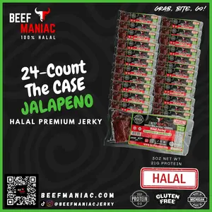Halal Beef Jerky Case 24-Count Jalapeno by Beef Maniac | Natural Hardwood Smoked Premium Jerky Made in Michigan