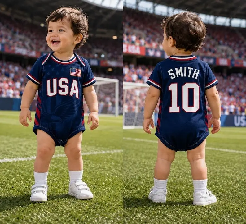 Personalized USA Baby Bodysuit, Custom Name Soccer Baby Outfit, USA Football Fan Gift, American Sports Jersey, World Soccer Baby Suit, Football Gift – FASTSHIPPING