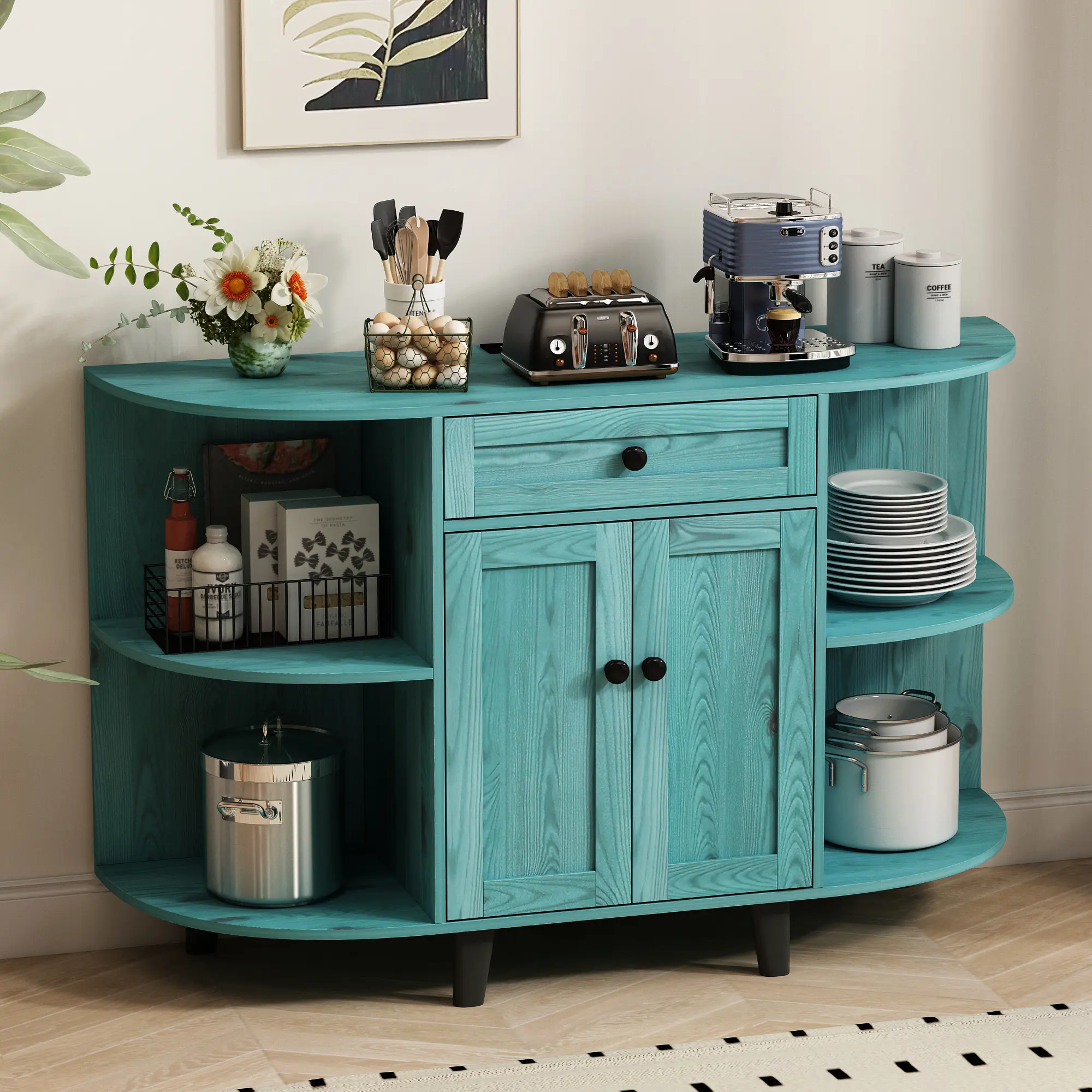 NAIYUFA Vintage Blue Sideboard Buffet Cabinet with Power Outlet & USB, Freestanding MDF Curved Kitchen Organizing Storage Cupboard with Floating Shelves, Kitchen Organizing Cupboard, Wine Bar Cabinet