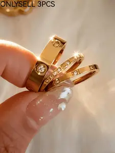 3 Pcs Rhinestone Square Rings, Fashionable Luxury Design, Elegant Casual Ring, Waterproof, Durable Stainless Steel, Perfect for Daily Wear, Rhinestone Ring Set