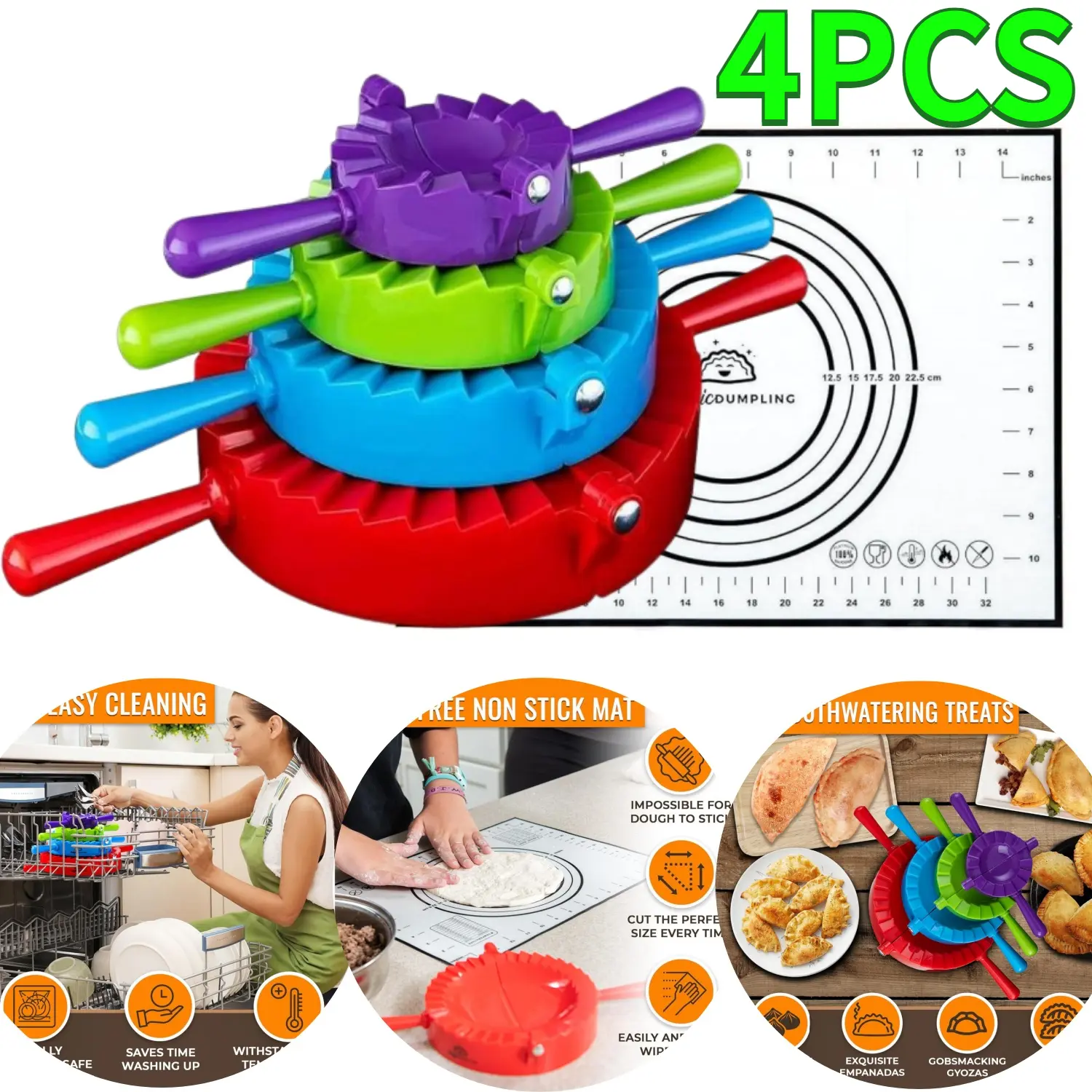 4PCS Stainless Steel Dumpling Maker Mold Set with Handles, 15.75in x 11.8in Durable Multifunctional Kitchen Tool with Pastry Pin, Measurement Grid & Dishwasher Safe Accessory (Includes Free Ebook), Kitchen Utensils Accessories