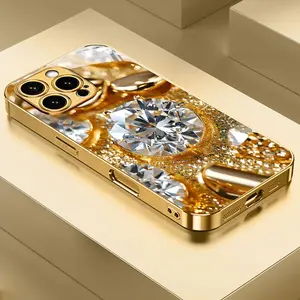 Luxurious Gold Apple Logo New Electroplated Gold Tempered Glass Phone Case for iPhone 17, 17 Pro, 17 Air, 17 Pro Max/16, 15, 14, 13, 12/iPhone 16, 15, 14, 13, 12 Plus/iPhone 16, 15, 14, 13, 12 Pro/iPhone 16, 15, 14, 13, 12 Pro Max/iPhone 17/17 Pro/17 Pro