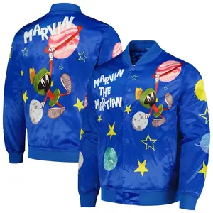 Freeze Max Looney Tunes Satin Varsity Bomber In Royal Blue Tones, Vintage Cartoon Streetwear Jacket Designed For Fans Of Classic Animated Icons