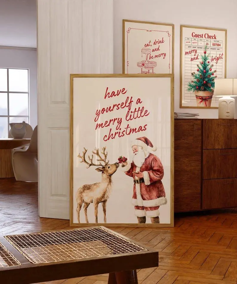 Vintage Christmas Wall Art, Santa Claus Reindeer Print Retro Holiday Poster Merry Little Christmas Decoration Festive Home Decor Poster Unframe