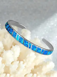 Blue Imitation Opal Adjustable Cuff Bracelet, Vintage Silver Color Wedding Engagement Gift, Casual Plain Design, All Seasons Jewelry