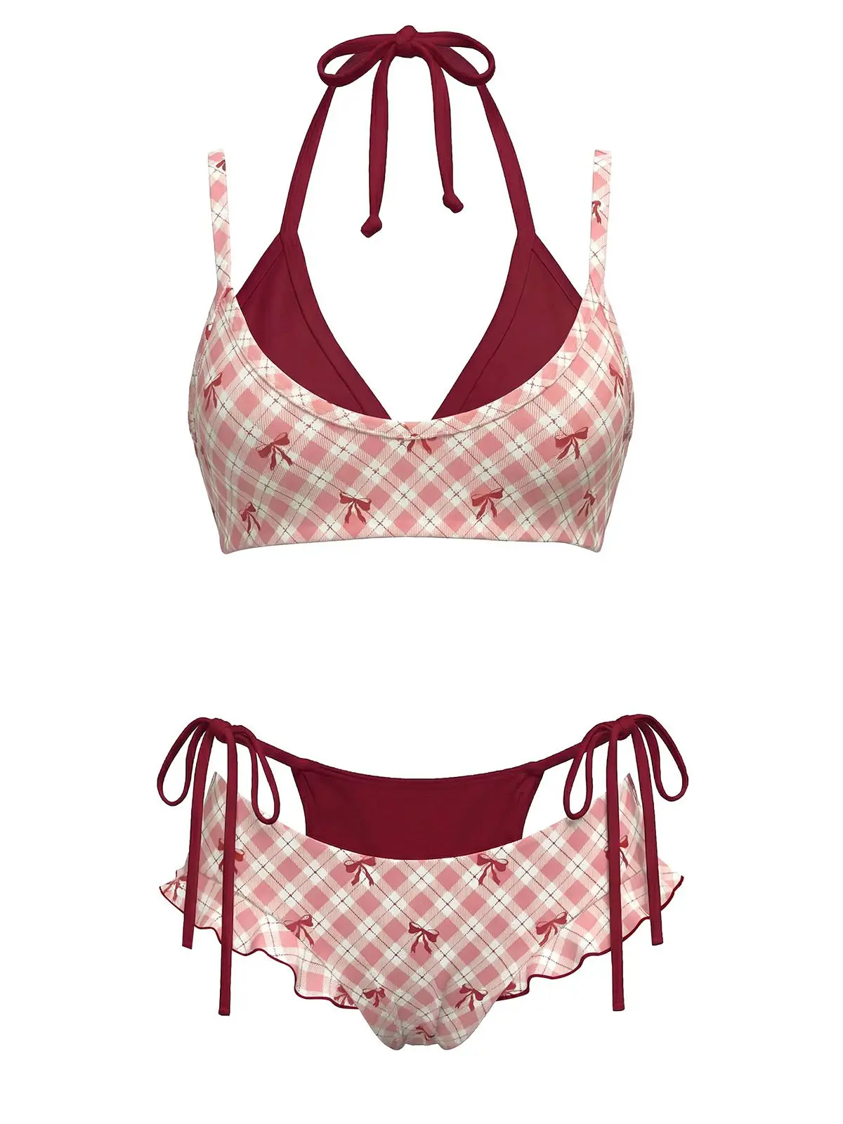 Red 1950s Plaid Bow Halter Double Layer Bikini Setvacation swimwear for women cute summer outfits Chic Swimsuit BackToSchool