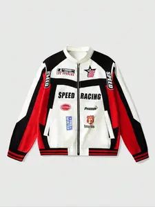 Oversized Hypebeast Racing Graphic Bomber Jacket – "SPEED RACING" & "Eternal King 23" Badge Streetwear Coat, Durable & Versatile Color Block Jacket for Casual Hangouts, School & Retro Aesthetic Outfits