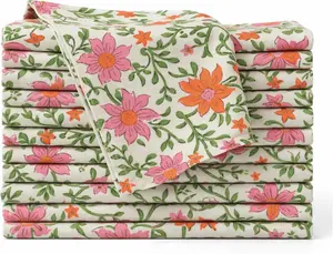 100% Cotton Reusable Floral Cloth Napkins Set of 12, 18 x 18 Inch Cream Block Print Dinner Napkins for Everyday Dining & Entertaining, Table & Kitchen Use
