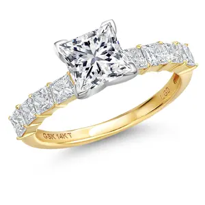 Gem Stone King 14K Two Tone Gold Gemstone Birthstone and Lab Grown Diamond Engagement Ring For Women | Princess Cut 6MM and 2.5MM | Wedding Anniversary Promise Gold Ring | Available in Size 5 to 9