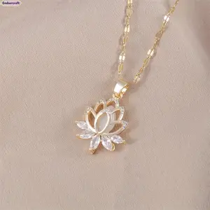Elegant Gold Lotus Pendant Necklace for Women, Cubic Zirconia Flower Charm Necklace, Minimalist Dainty Jewelry for Daily Wear, Spiritual Gift for Her, Birthday, Anniversary and Everyday Outfit