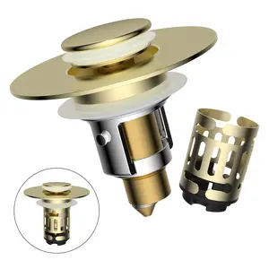 Hibbent Upgraded 3 in 1 Bathroom Sink Drain Strainer, Universal Pop Up Stopper with Removable Stainless Steel Filter Basket Hair Catcher, Sink Plug for 1.1''~2.36'' Basin, Brass Core, Brushed Gold