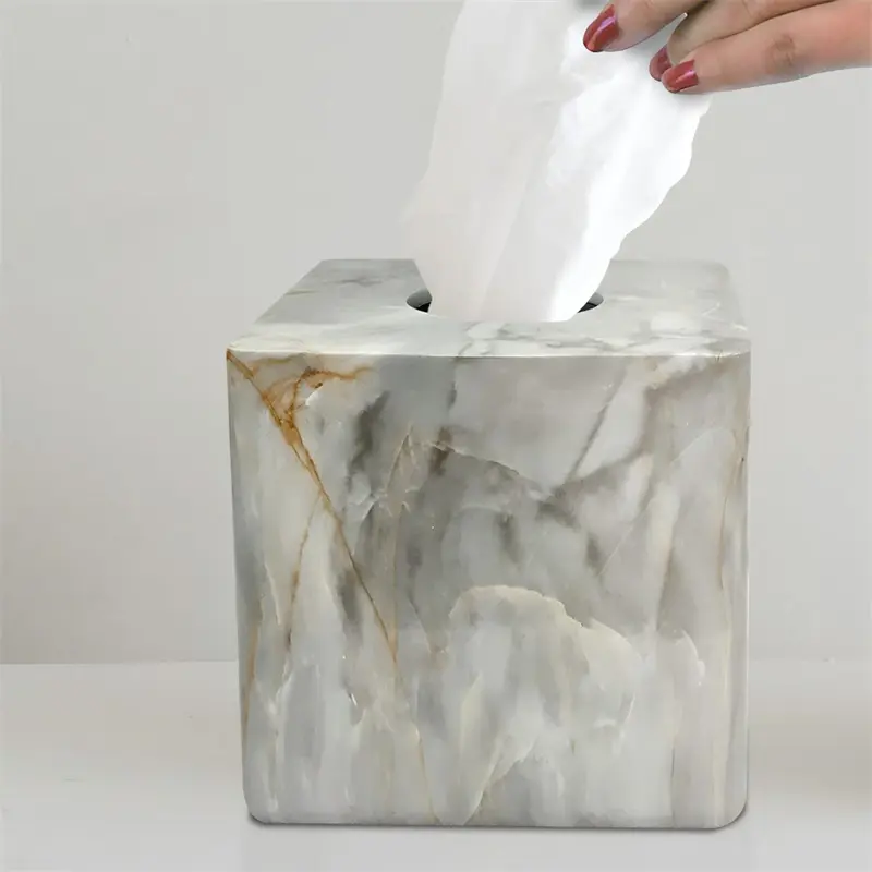 Boutique Tissue Box Cover – Resin Square Facial Tissue Holder, Marble Finish, Elegant Home Decor for Living Room, Bedroom, Bathroom, Office – Modern Farmhouse Design