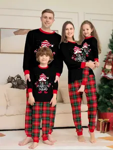 Family Christmas Pajamas Set for Men Women Kids, Cartoon Santa Top Plaid Pants, Casual Long Sleeve Fitted Sleepwear