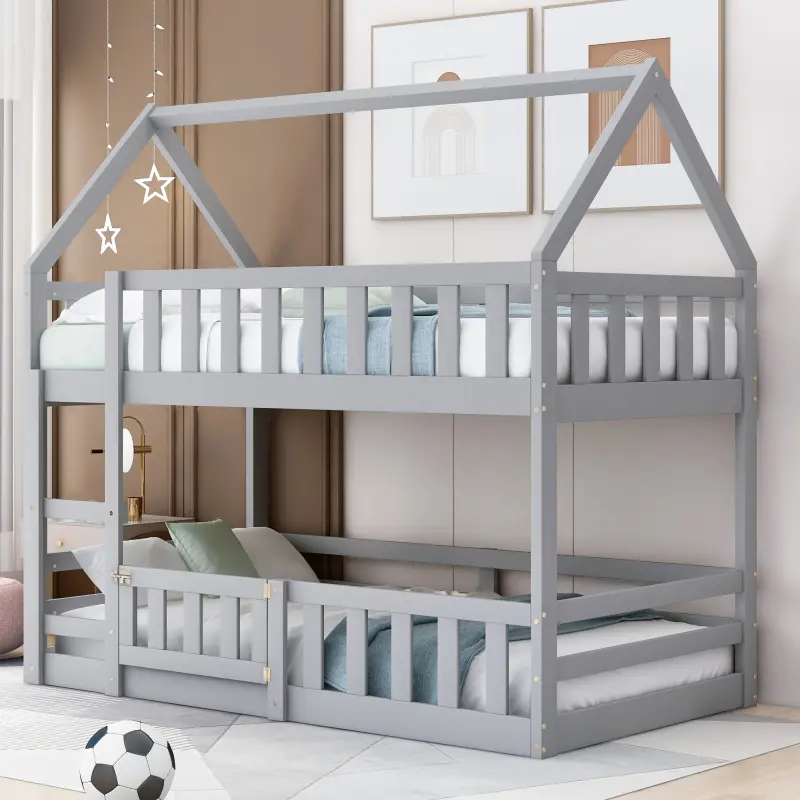 Bellemave Child-Sized Twin Over Twin Bunk Bed - Sturdy Solid Pine Wood Frame, Safety Fence, Door, Gray Modern Engineered Wood Dual Function Indoor Bedroom Furniture for Playful Spaces, Twin Bed Frame, Child Sized Beds