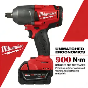 Milwaukee M18 FMTIWF12  Mid-Torque 1/2 Inch Impact Wrench Kit with 18V Lithium-Ion Battery and Charger for Professional Automotive Repair and Heavy Duty Construction Featuring 900Nm Torque 2400 RPM 152mm Compact Design