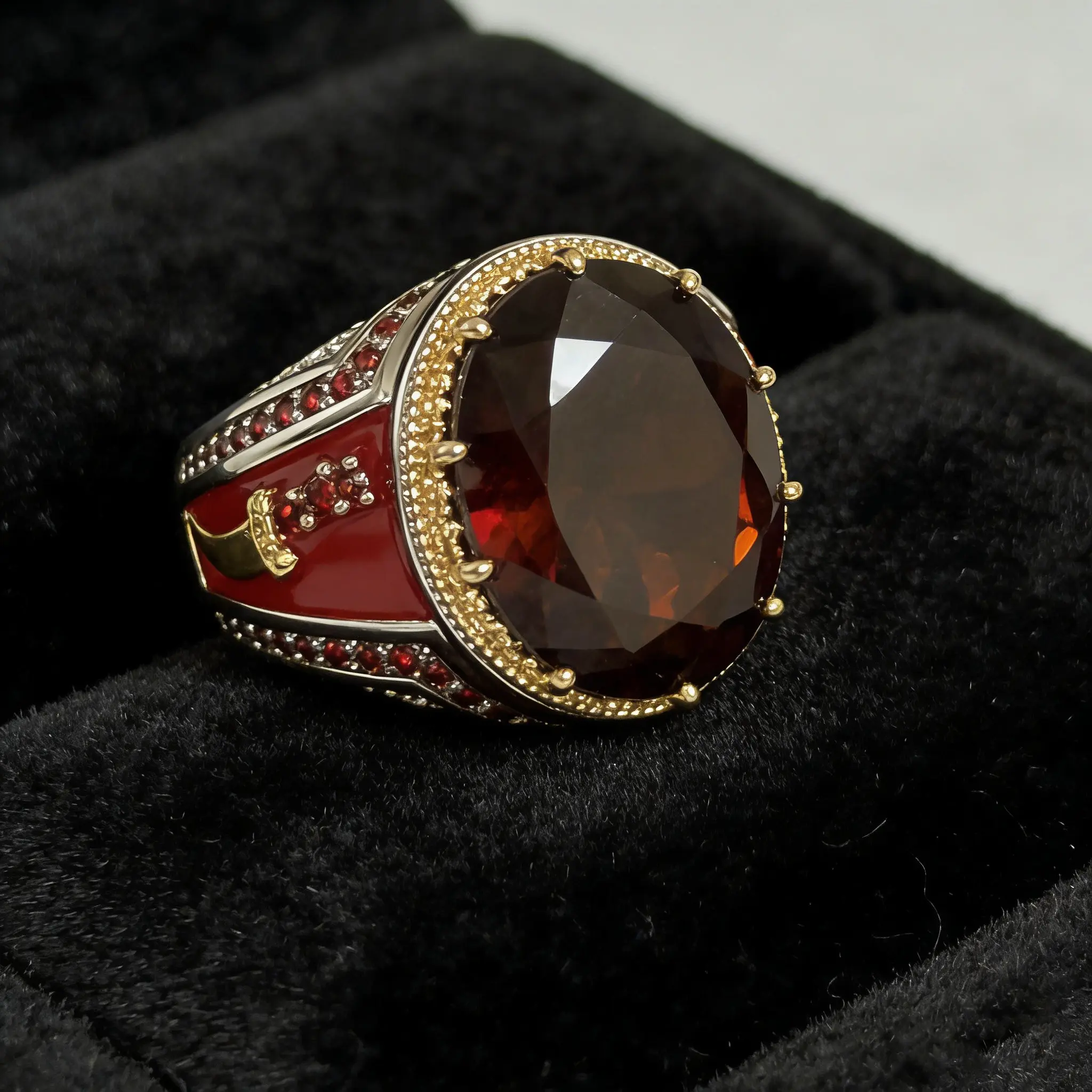 Men's Vintage Knight-Style Ottoman Exotic Statement Ring, Oval-Cut Red Synthetic Zircon, Red Enamel Inlaid Medieval Ancient Style Gemstone Studded Tough Daily Fashion Costume Jewelry Accessory, Medieval Rings, Ancient Style Rings