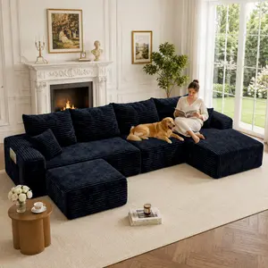【Deals For You】Joylsle 137"W x 59"D x 22"H  Wide Extra Large Corduroy Modular Couch, Free Positioning U-Shaped Sectional with 1 Chaise & 1 Ottoman, Modern Comfy Sofa for Apartment & Office Lounge, 3 Packages Includes 2 Matching Accent Pillows