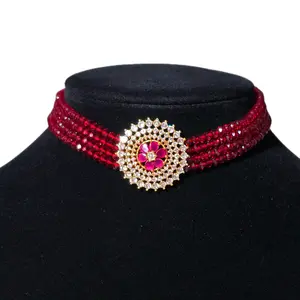 Nepali Indian AD Pendant Choker with Red Beads and Gold Center, Featuring Unique Design and Colorful Detailing