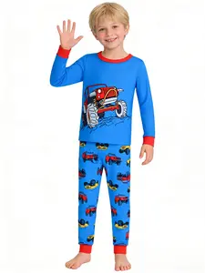 Boys' 2-Piece Round Neck Long Sleeves Pajamas Set, Off-Road Car Print Casual Comfortable Fitted Homewear, All Seasons Wear, Sleepwear Pajamas