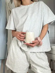 Women's Solid Color Short Sleeve Round Neck Tee & Pocket Elastic Waist Shorts Loungewear Two-Piece Set, Casual Comfy Breathable PJ Set, Loungewear Pjs Set for Daily Home Wear, Ladies Summer Sleepwear, Pajama Set