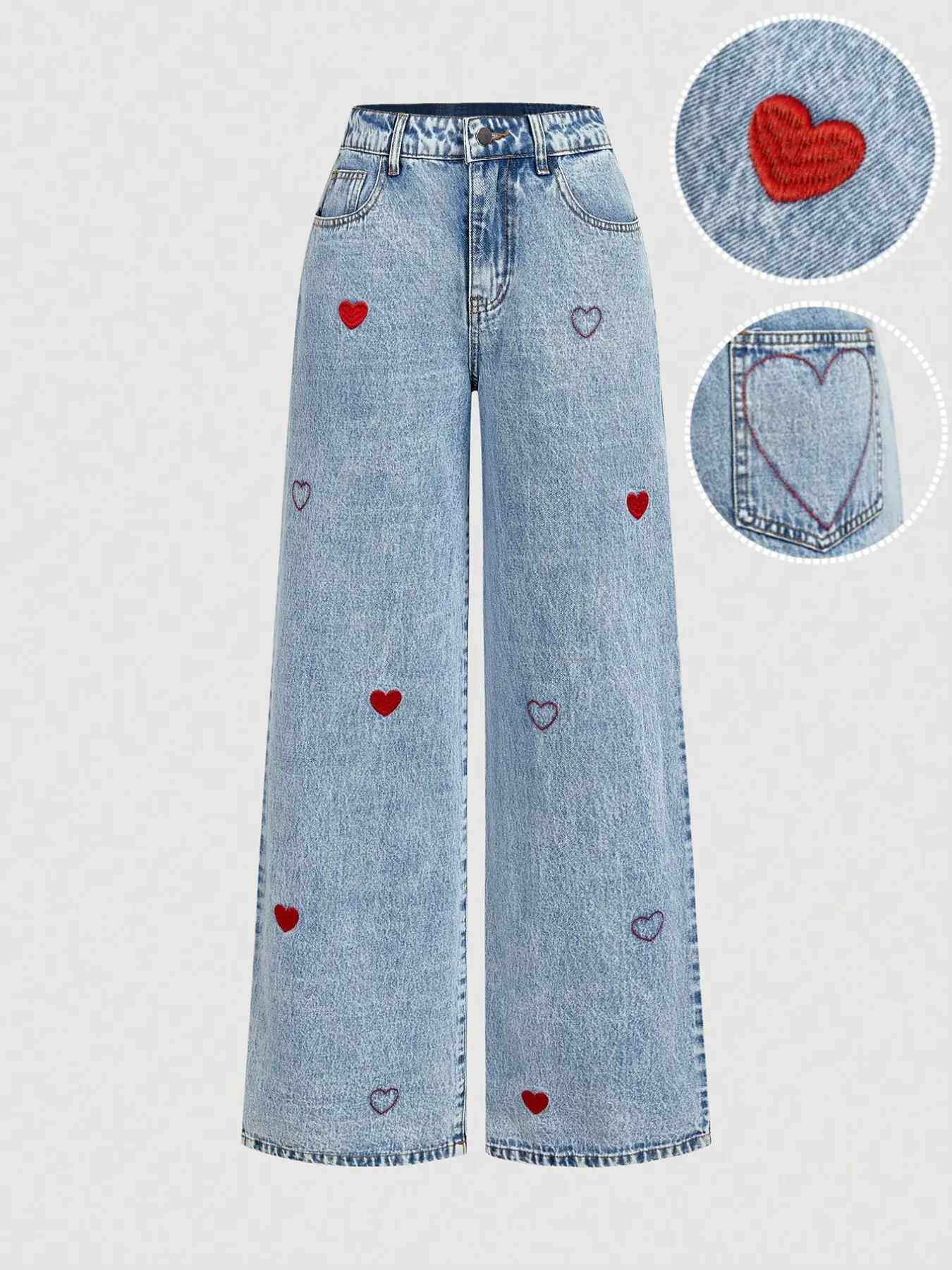 2026 American Vintage Heart Embroidery Denim Jeans for Women, Loose Fit Slimming Straight Leg Pants, Casual Wide Leg Trousers
