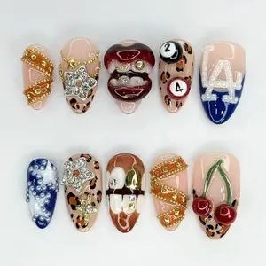 Y2K Press on Nails With 3D Lips, Cherry, Leopard Print Nails, Gold Chains and LA Letters on Fake Nails, Y2K Retro Acrylic False Nails
