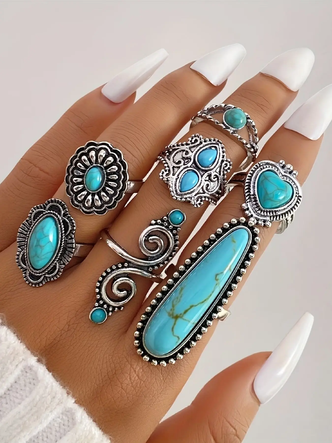 7pcs Turquoise Sunflower & Heart Shaped Ring Set, Ethnic Cultural Style Jewelry for Men and Women, Unique Gift Idea, Perfect for Special Occasions