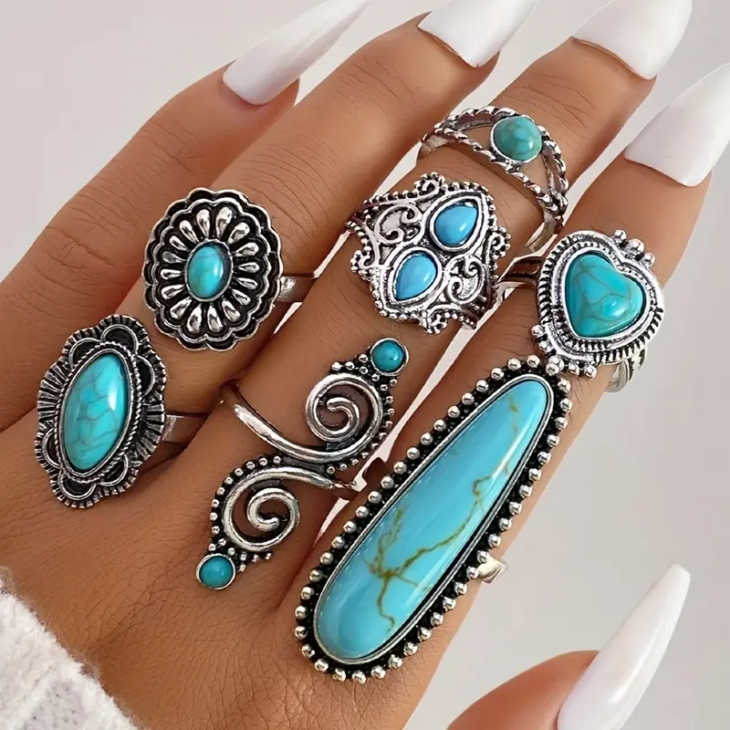 7pcs Turquoise Sunflower & Heart Shaped Variety Ring Set Ethnic Cultural Style Jewelry for Men and Women, Unique Gift Idea, Perfect for Special Occasions