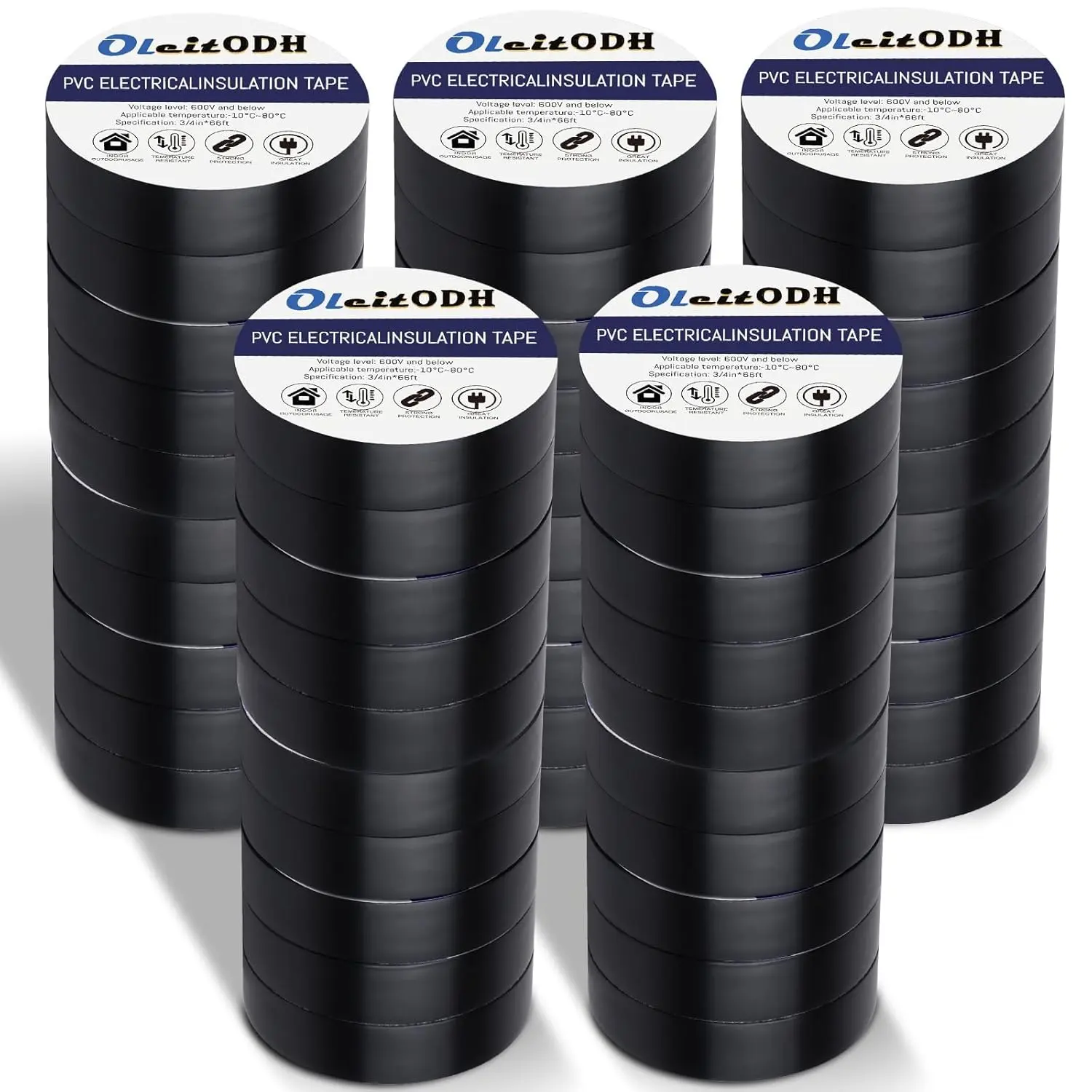 Oleitodh 50 Pack Black Electrical Tape 3/4 in x 66 ft Waterproof Vinyl Electrical Insulating Tape High Temperature Resistance Electric Tape Under 600V Home Outdoor Multipurpose
