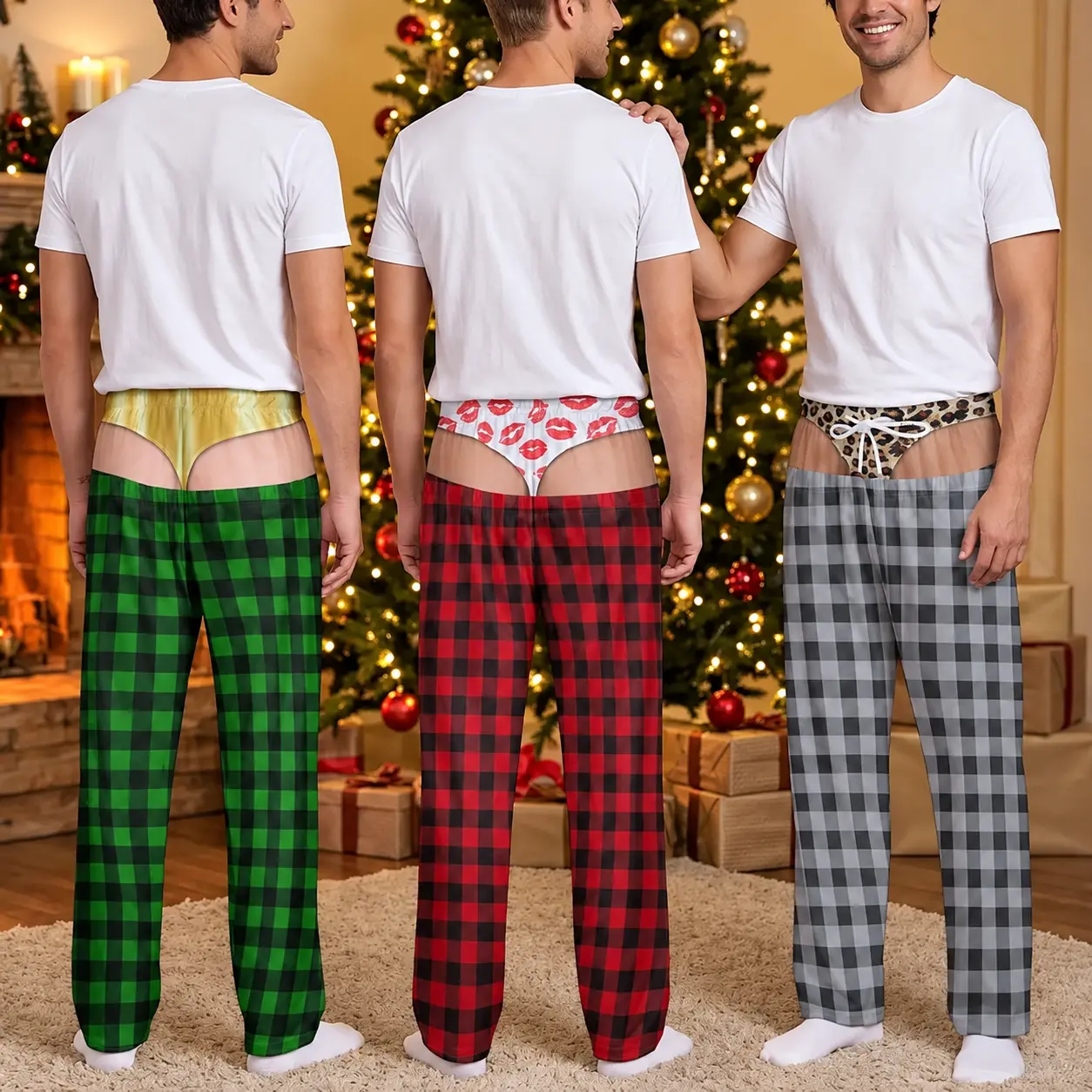 Custom Funny Plaid Pajama Pants for Men, Fake Butt & Underwear Illusion, Christmas Prank Gift