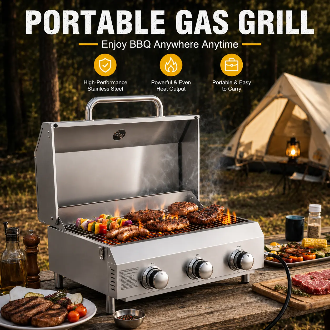 Bestfire 3-Burner Portable Gas Grill, Heavy-Duty Stainless Steel Tabletop BBQ Pit with 30,000 BTU, Temperature Control & Ignition System for Camping and Outdoor Cooking, Outdoor Cooking Equipment, Cooking Bbq Camping